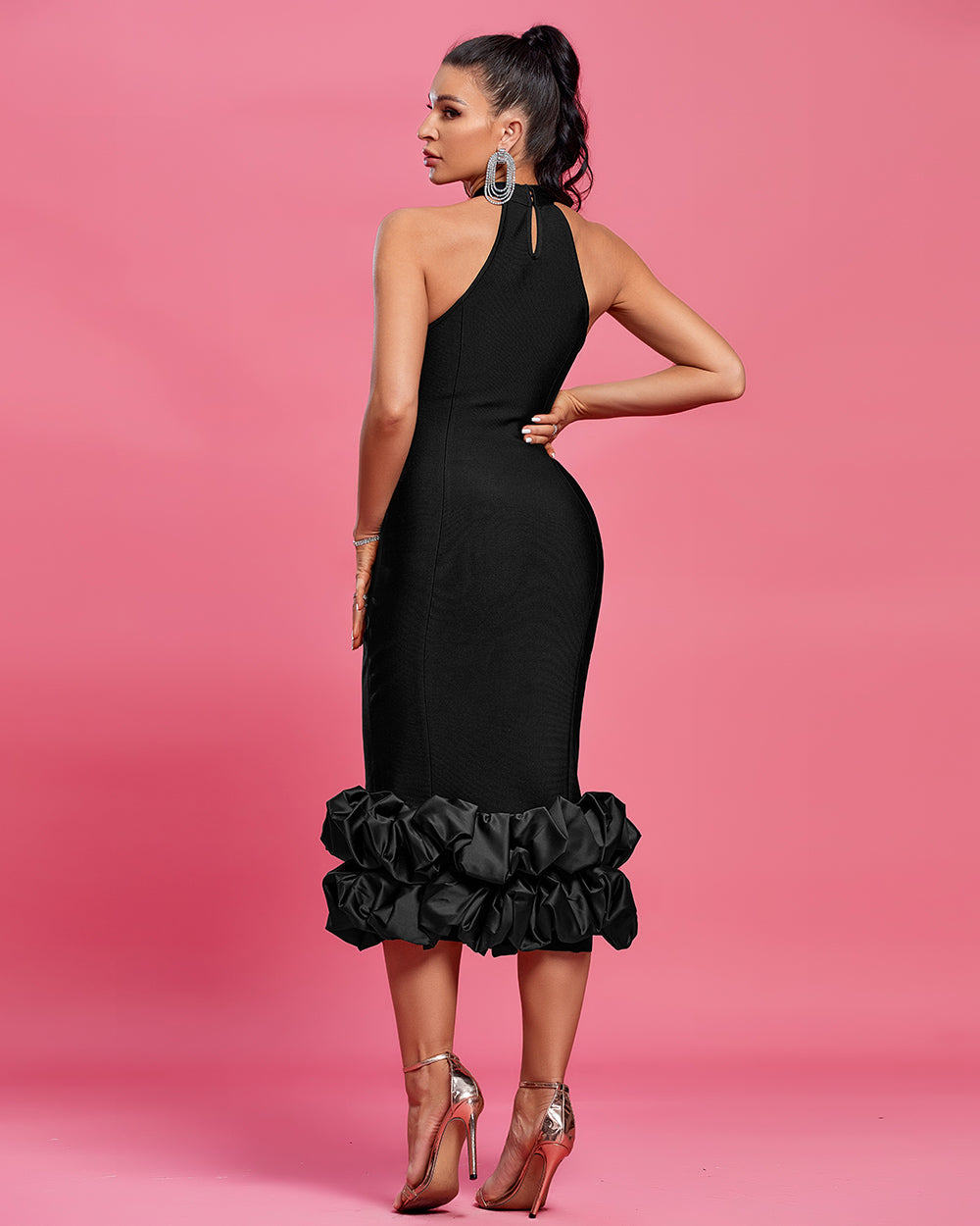 Enchanting Halter Ruffle Hem Crepe Cocktail Dress