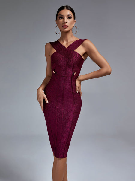 Chic Midi Bandage Dress with Stylish Metal Accent Buckle