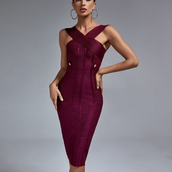 Chic Midi Bandage Dress with Stylish Metal Accent Buckle