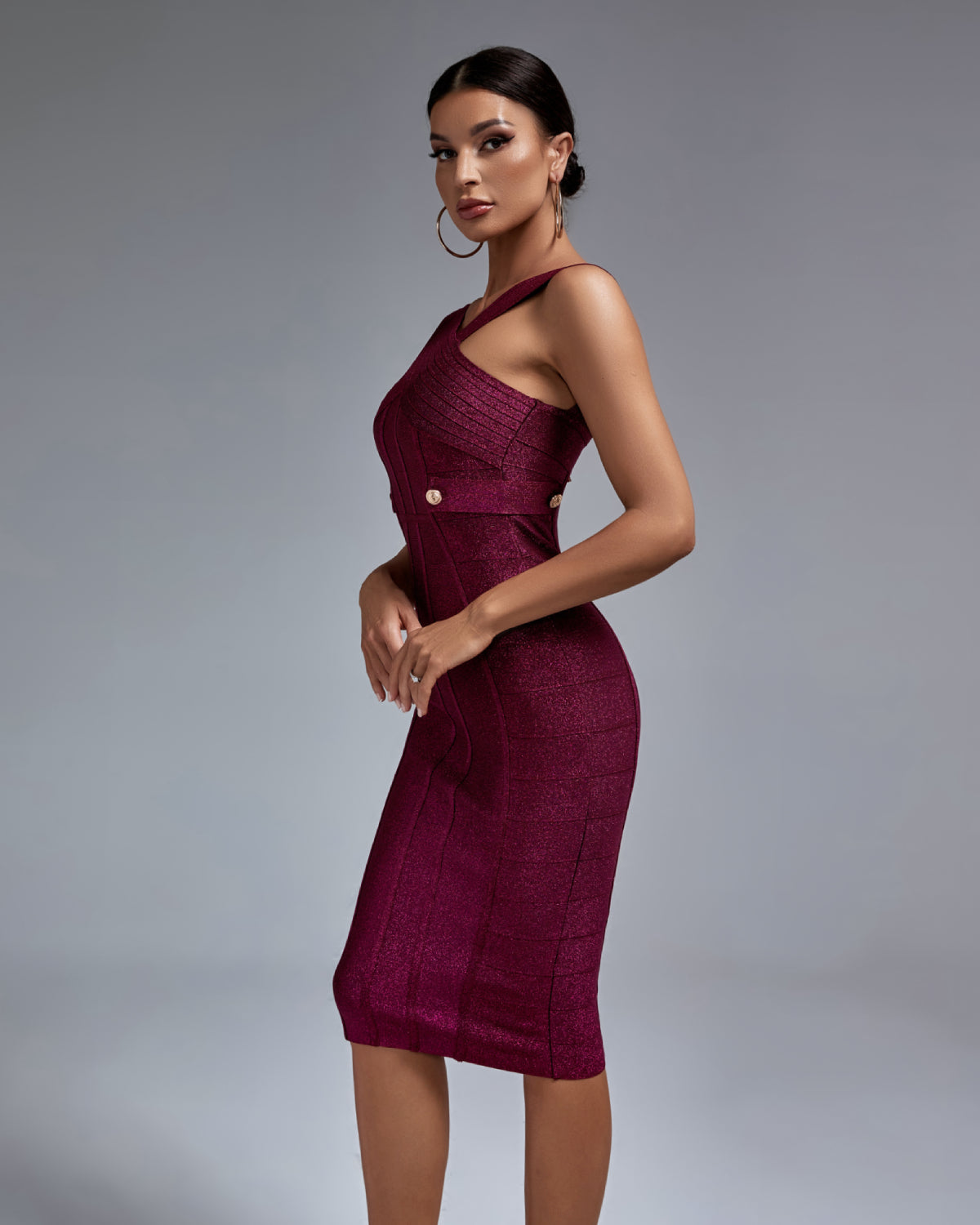 Coraline Beaumont — Chic Midi Bandage Dress with Stylish Metal Accent Buckle, alternate view 3