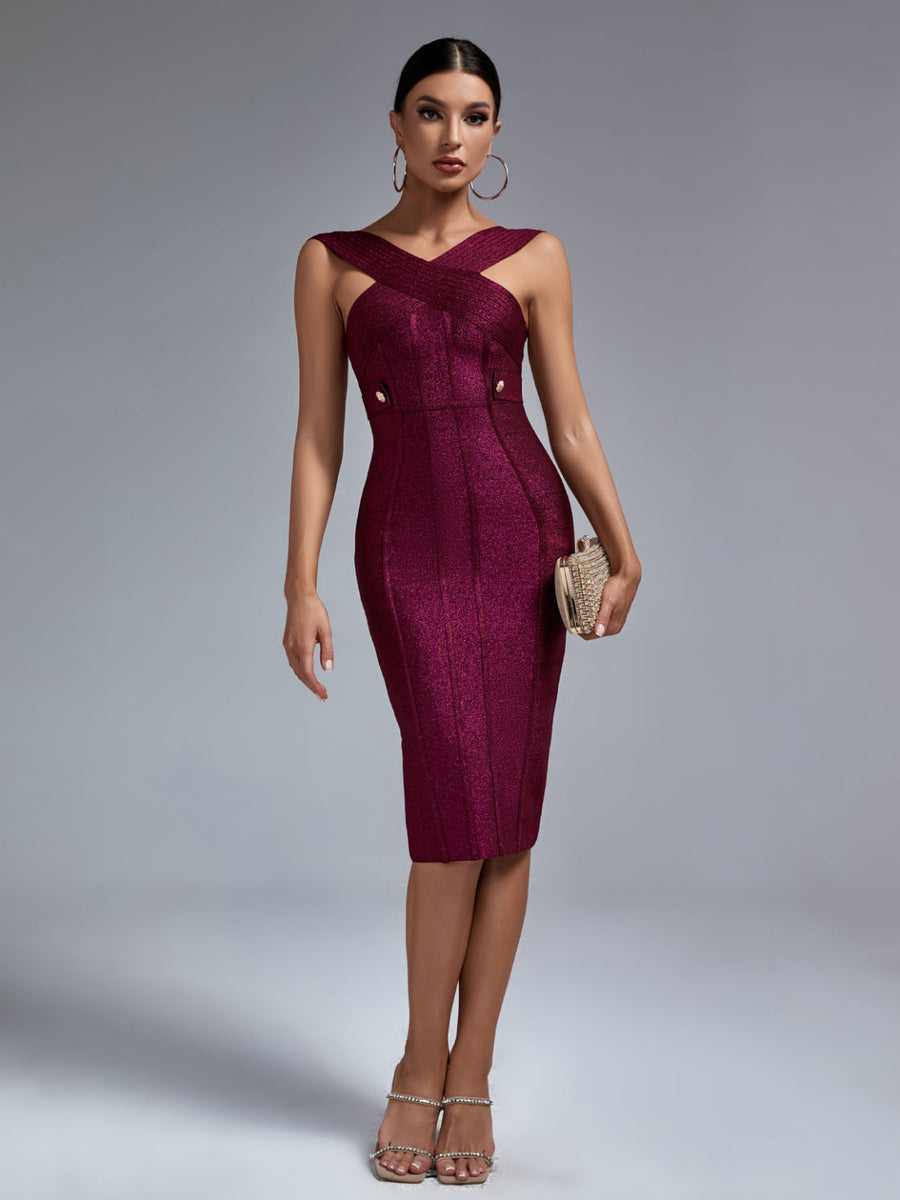 Chic Midi Bandage Dress with Stylish Metal Accent Buckle