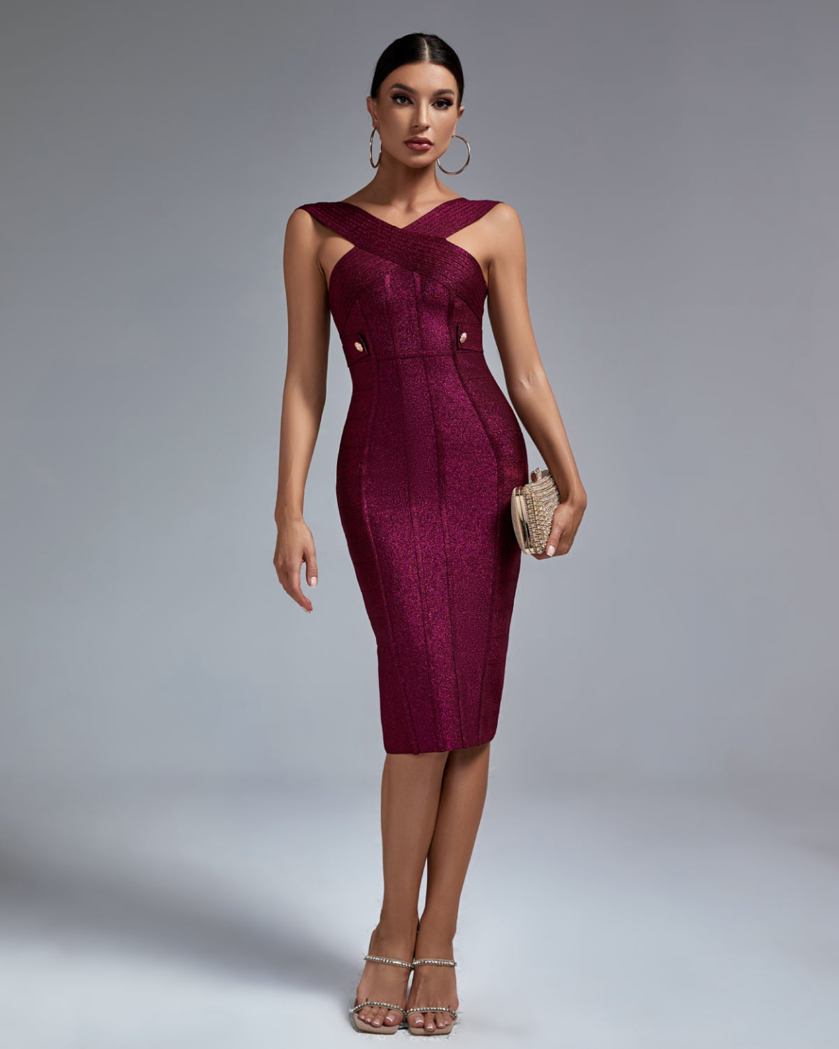 Coraline Beaumont — Chic Midi Bandage Dress with Stylish Metal Accent Buckle, alternate view 4