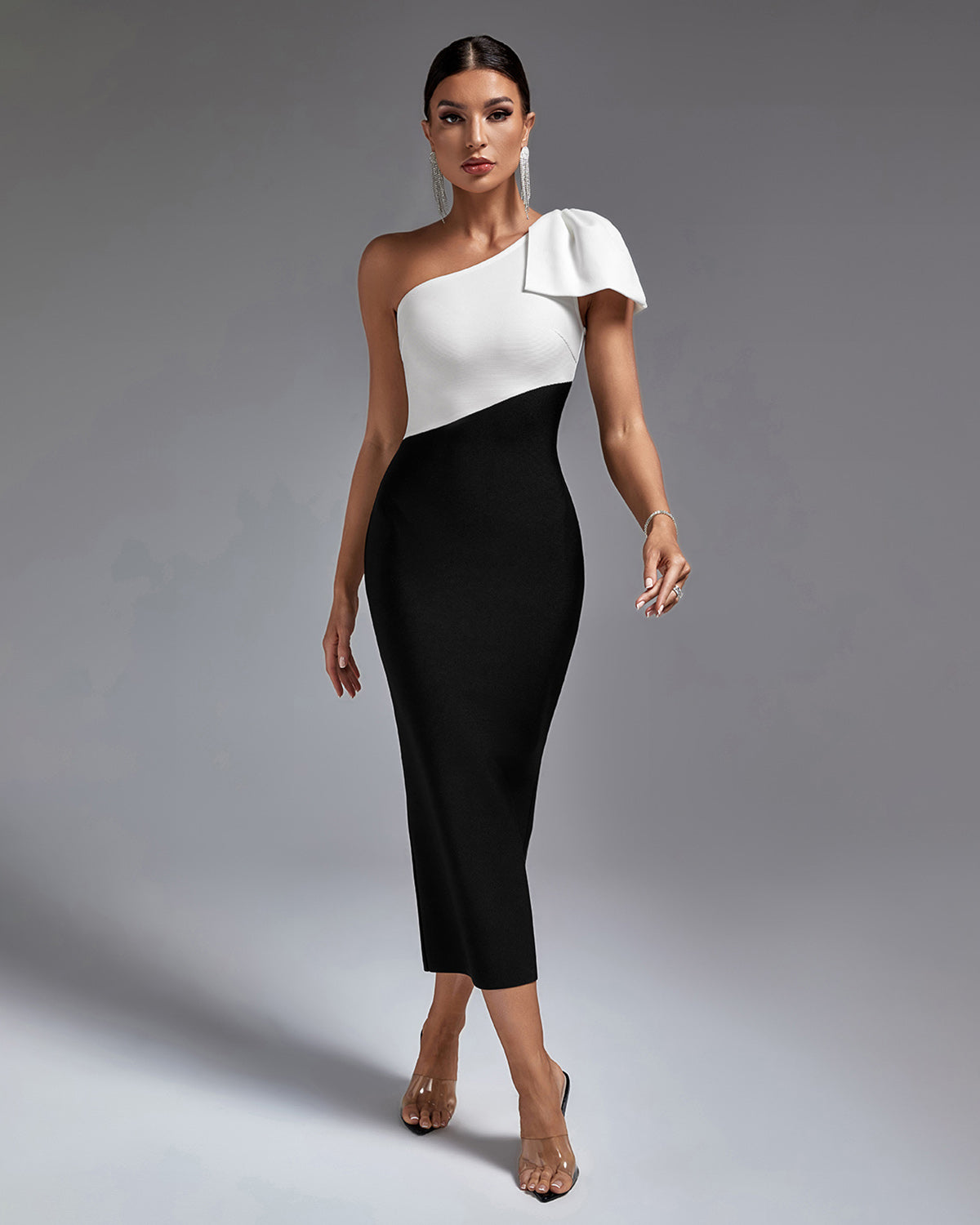 Liliana Beaumont — Vibrant Multi-Color One-Shoulder Midi Bandage Dress, alternate view 2
