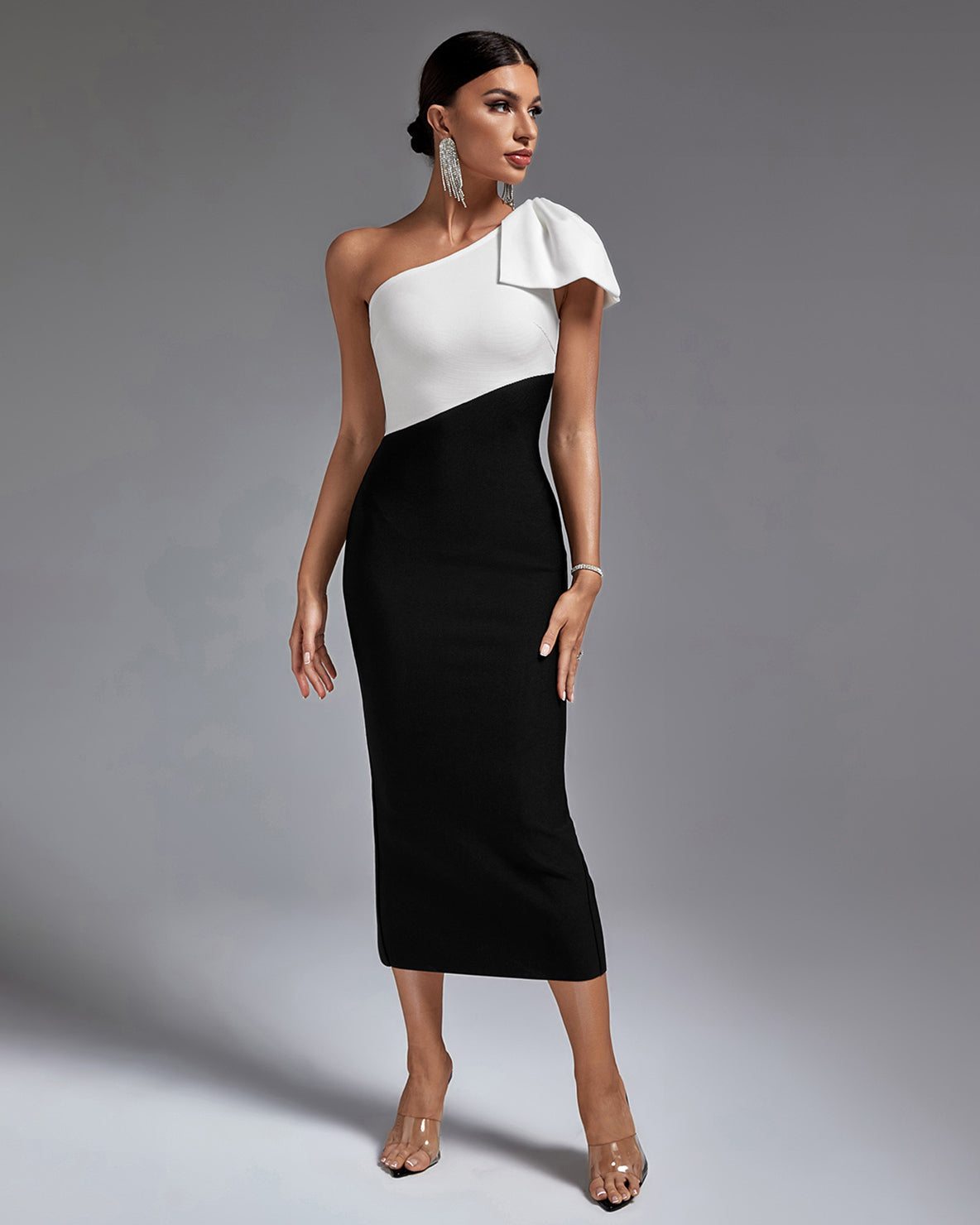 Liliana Beaumont — Vibrant Multi-Color One-Shoulder Midi Bandage Dress, alternate view 3