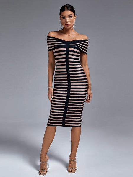 Black Stripe Off Shoulder Bandage Dress