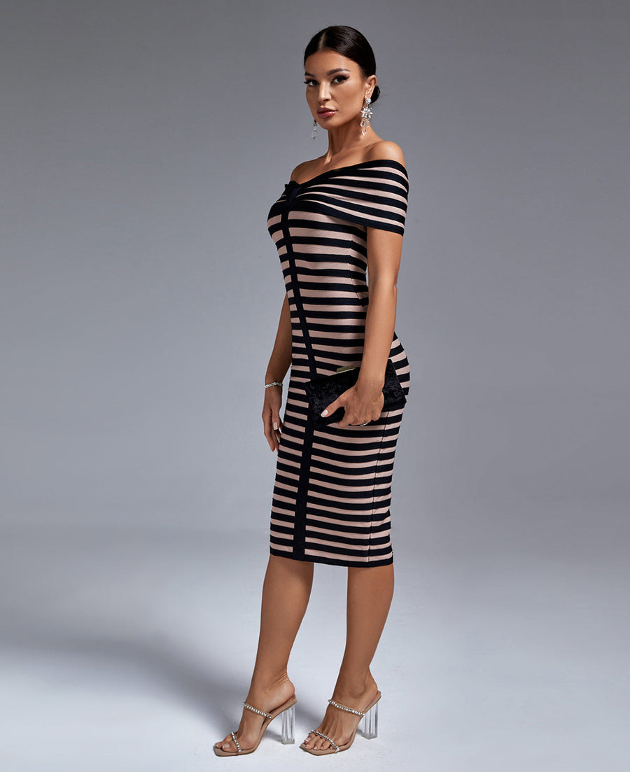 Anastasia Beaumont — Black Stripe Off Shoulder Bandage Dress