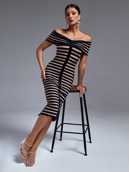 Black Stripe Off Shoulder Bandage Dress