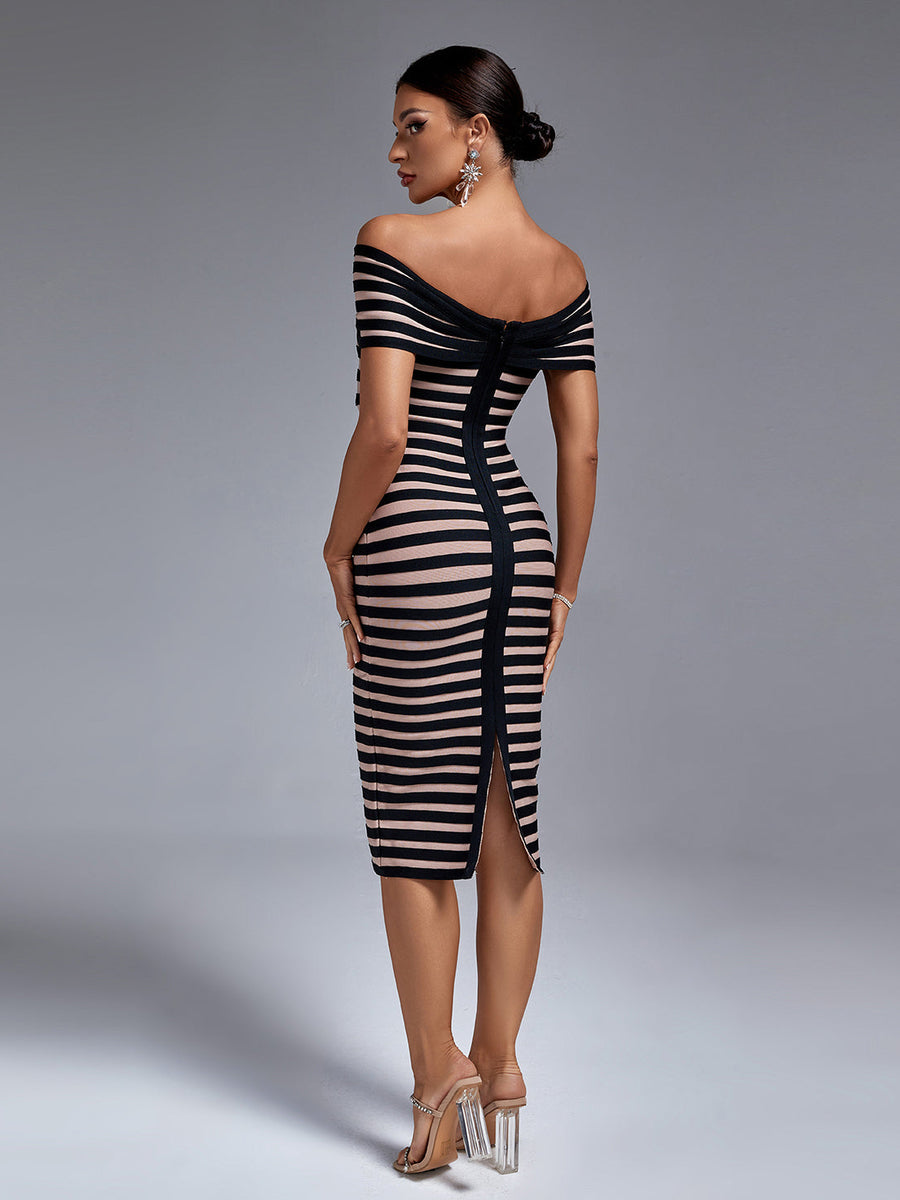 Black Stripe Off Shoulder Bandage Dress