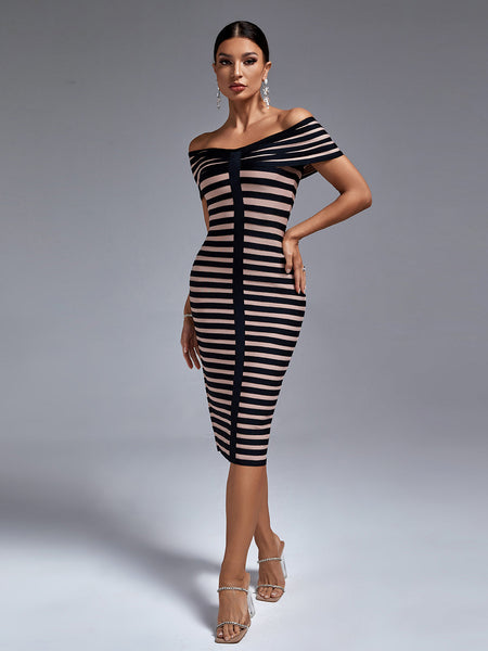 Black Stripe Off Shoulder Bandage Dress