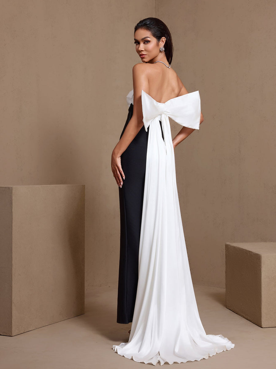 Contrast-Color Bowknot High Slit Bandage Dress