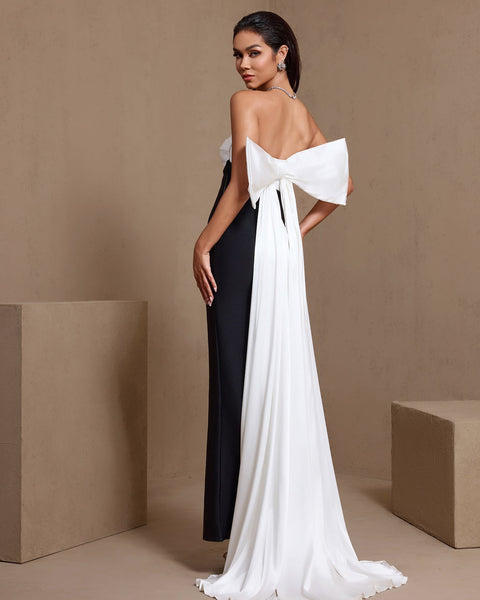 Contrast-Color Bowknot High Slit Bandage Dress