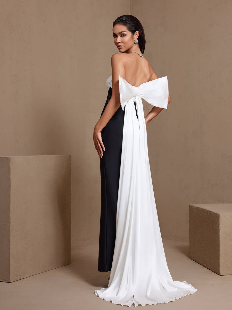 Tallulah Rivière — Contrast-Color Bowknot High Slit Bandage Dress