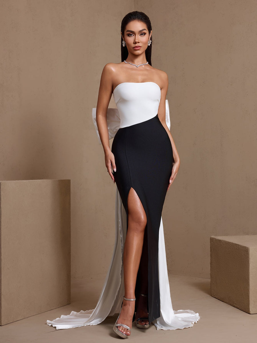 Contrast-Color Bowknot High Slit Bandage Dress