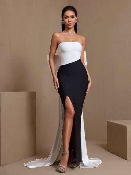 Contrast-Color Bowknot High Slit Bandage Dress