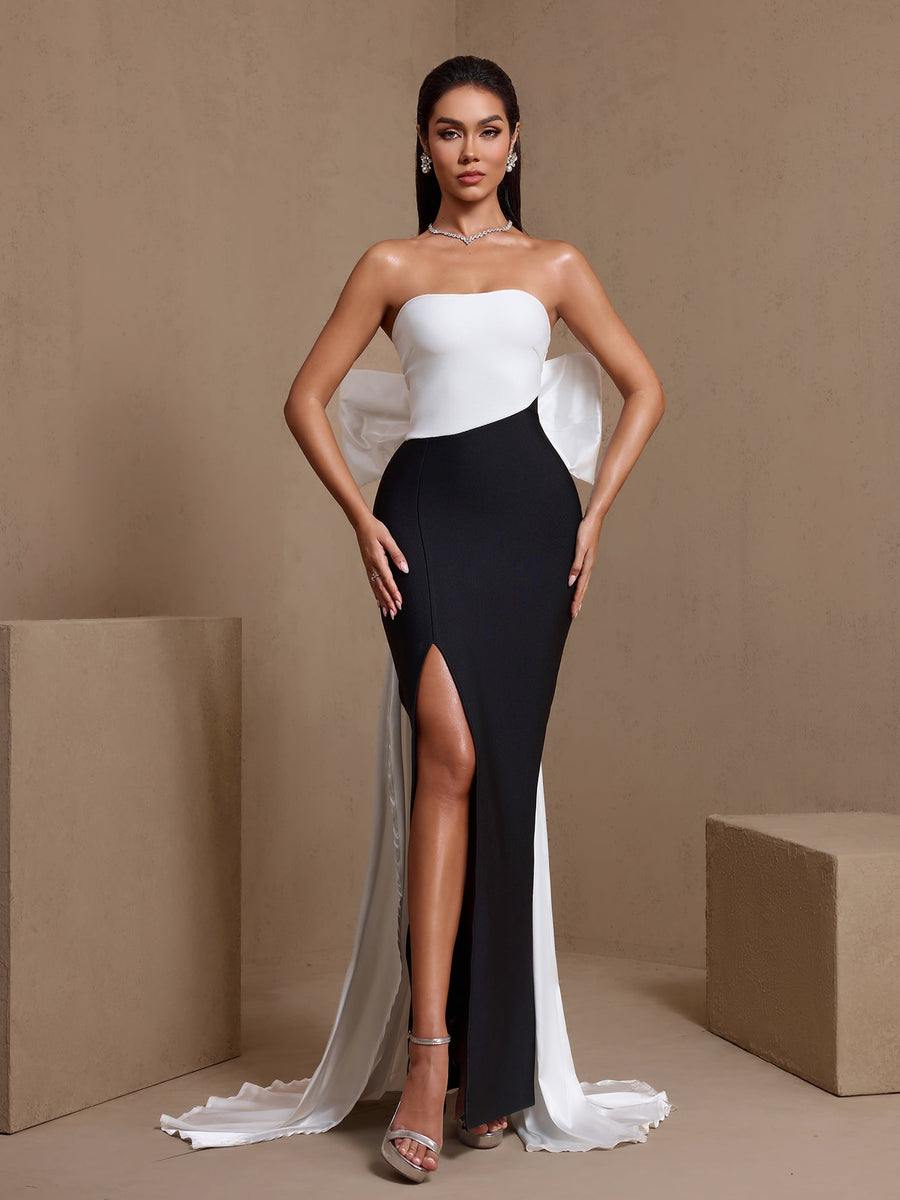Contrast-Color Bowknot High Slit Bandage Dress