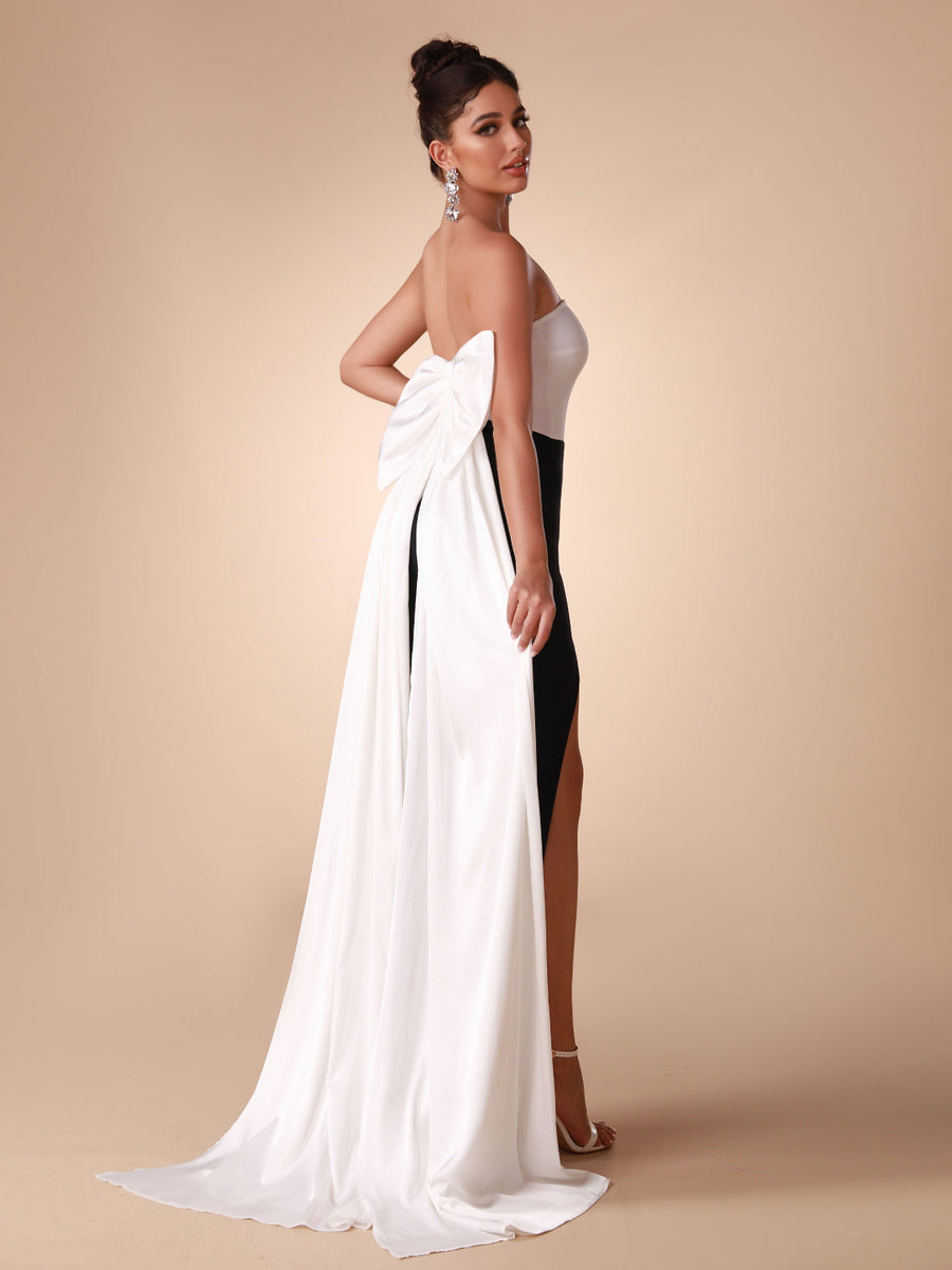 Black White Bow-Detail Bandage Long Dress
