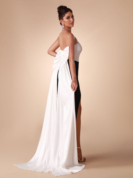 Black White Bow-Detail Bandage Long Dress