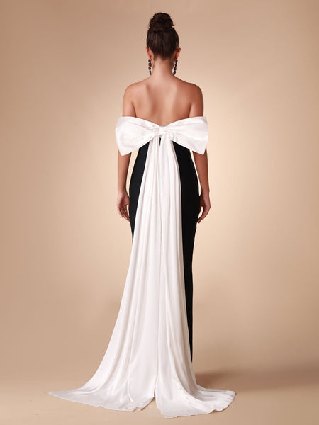Black White Bow-Detail Bandage Long Dress