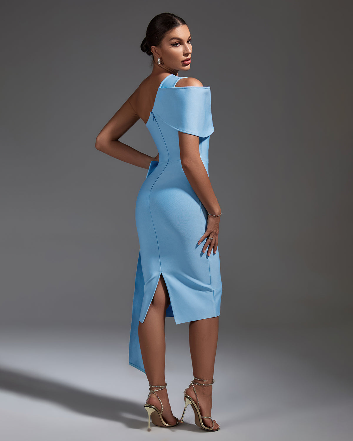 Elowen Beaumont — One Shoulder Bow Lace Up Midi Bandage Dress, alternate view 3