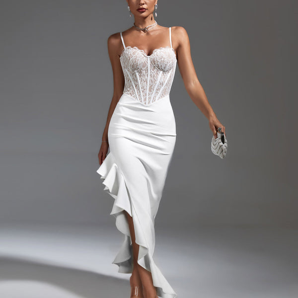 Elegant White Lace Corset Dress with Chic Ruffled Accents