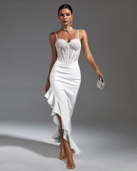 Elegant White Lace Corset Dress with Chic Ruffled Accents - Opulent Empire