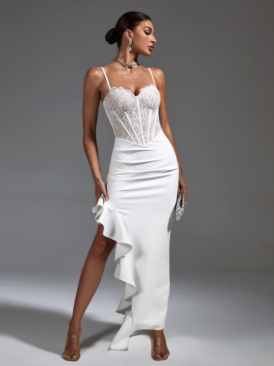 Elegant White Lace Corset Dress with Chic Ruffled Accents