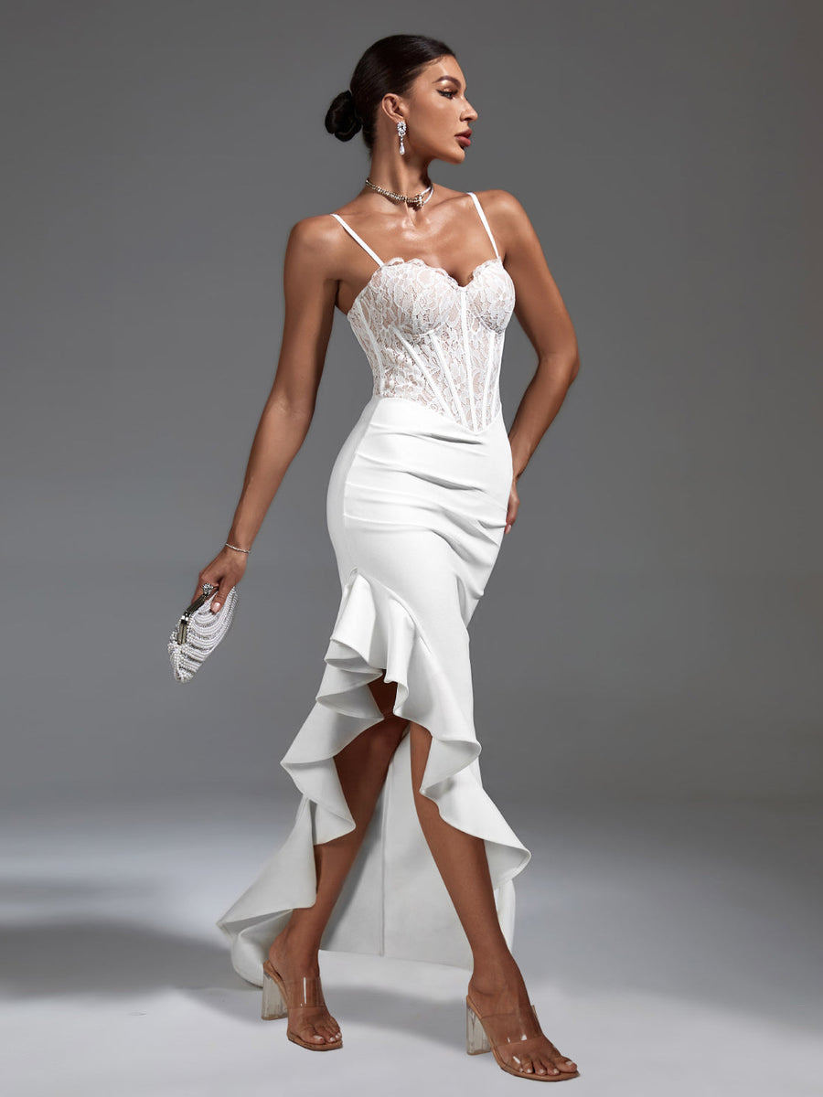 Elegant White Lace Corset Dress with Chic Ruffled Accents