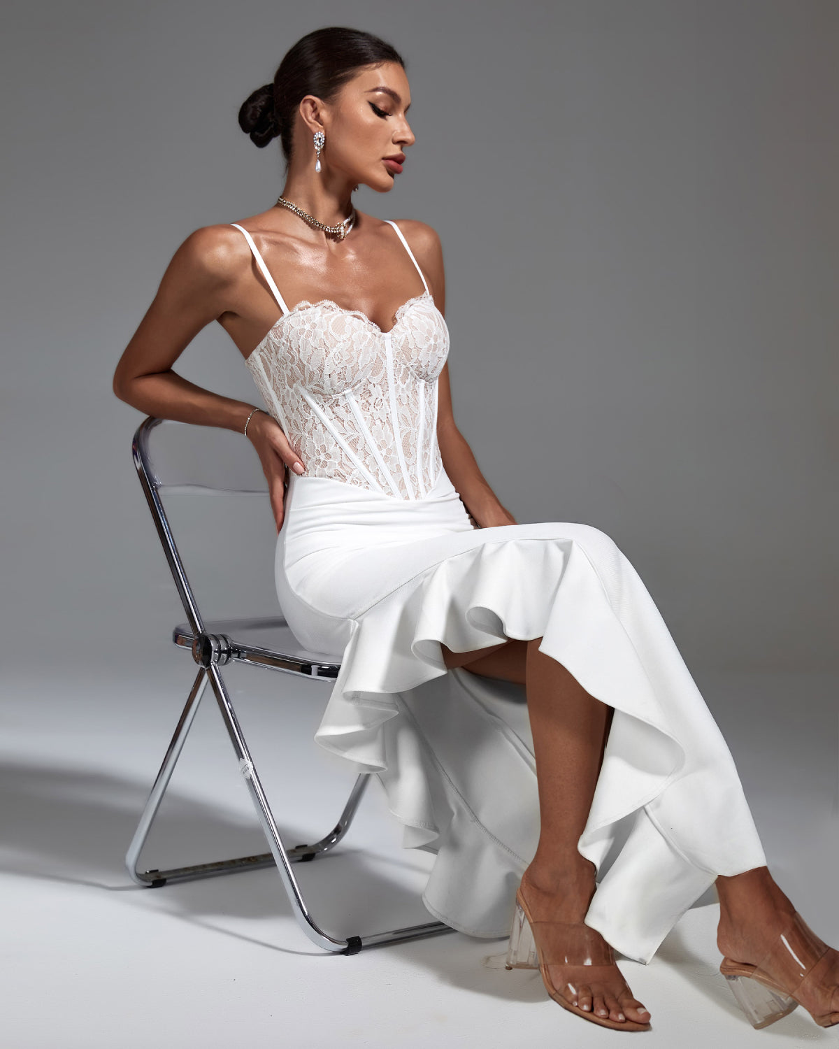 Elegant White Lace Corset Dress with Chic Ruffled Accents