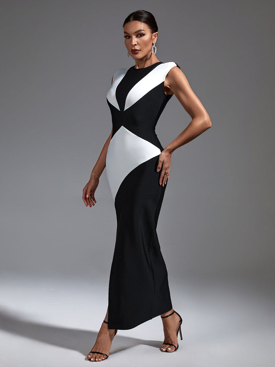 Black White Colour-Blocked Bandage Dress