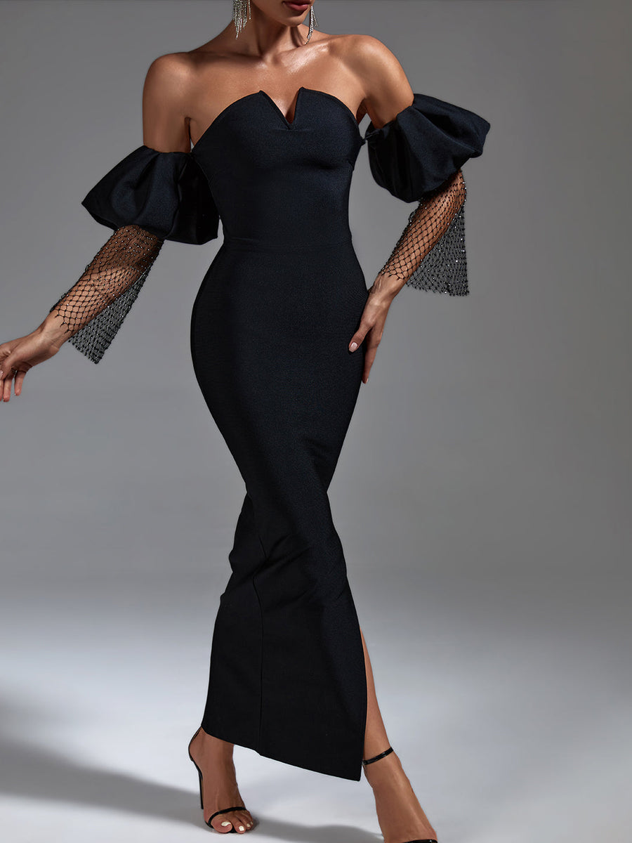 Black Puffed Sleeve Bandage Long Dress