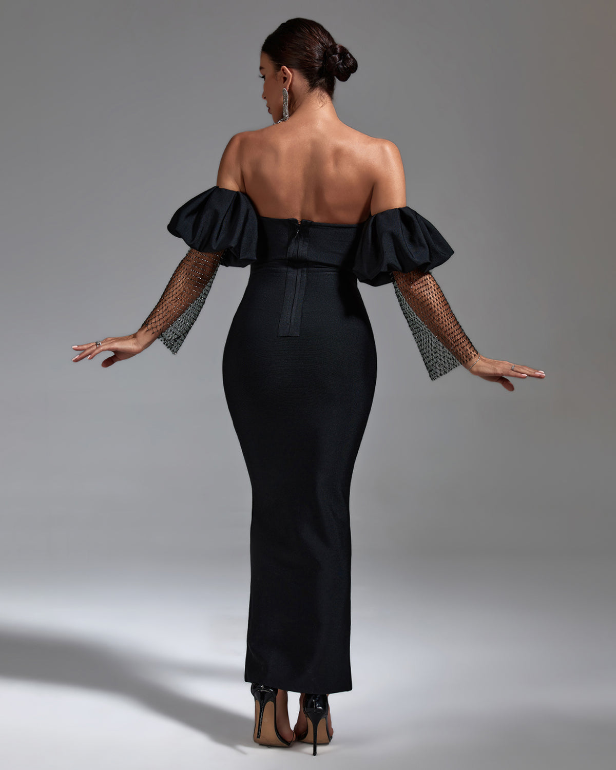 Lavinia Beaumont — Black Puffed Sleeve Bandage Long Dress, alternate view 4