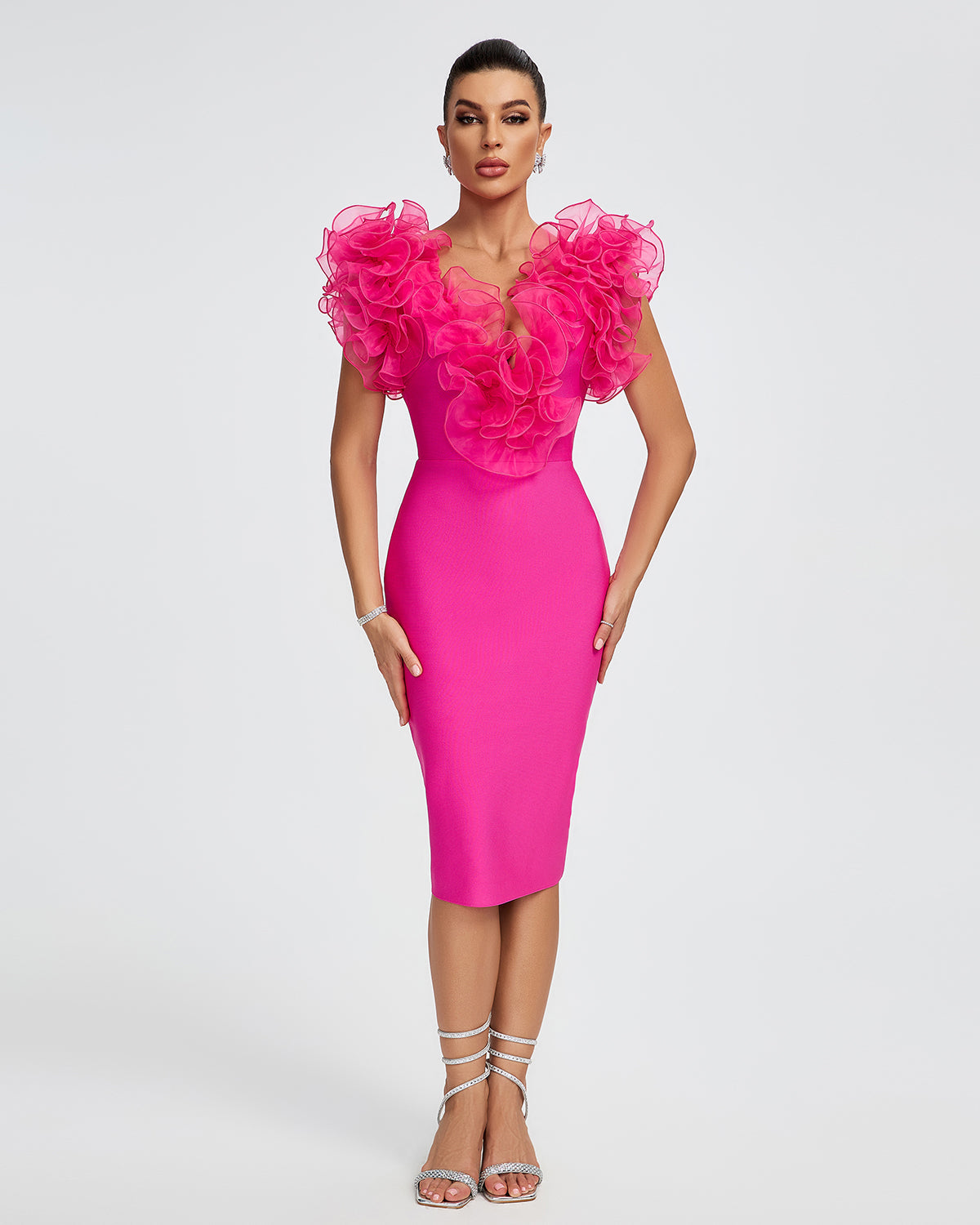 Tahlia Beaumont — Chic V-Neck Midi Dress with Flirty Ruffle Trim, alternate view 11