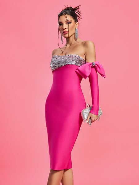 Strapless Sequins Elegant Bow Bandage Dress