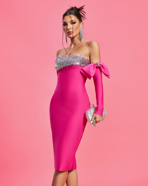 Strapless Sequins Elegant Bow Bandage Dress - Opulent Empire
