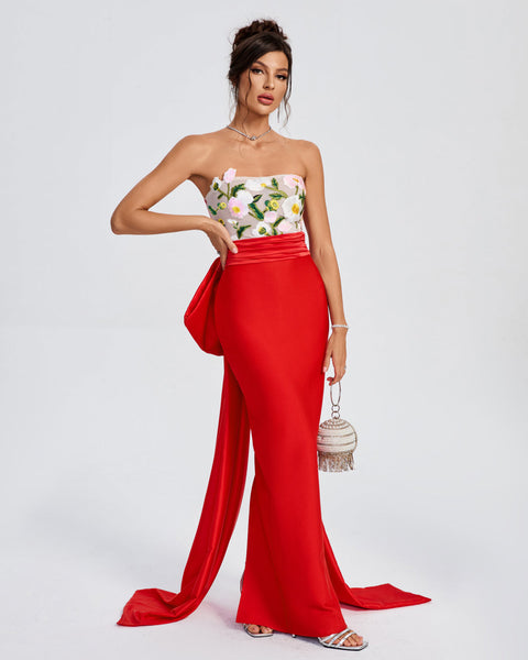 Rosalie™ | Floral Embroidered Corset Bow-Draped Dress - Opulent Empire