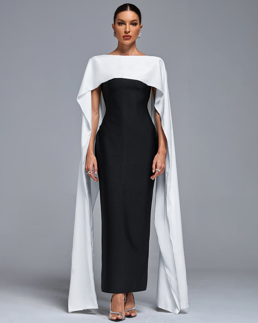 Henrietta Delacroix — Elegant Satin Bandage Dress with Forearm Wrap and Scarf