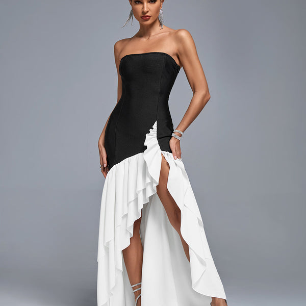 Open Back Color Block Ruffle Layered Maxi Dress