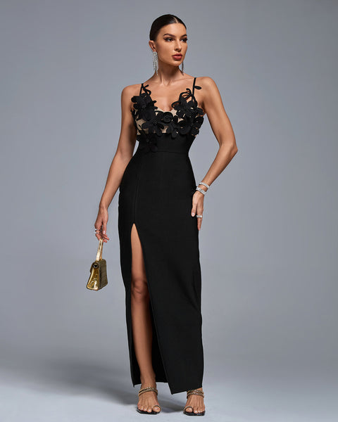 Beadwork 3D Floral Side Split Bandage Dress - Opulent Empire