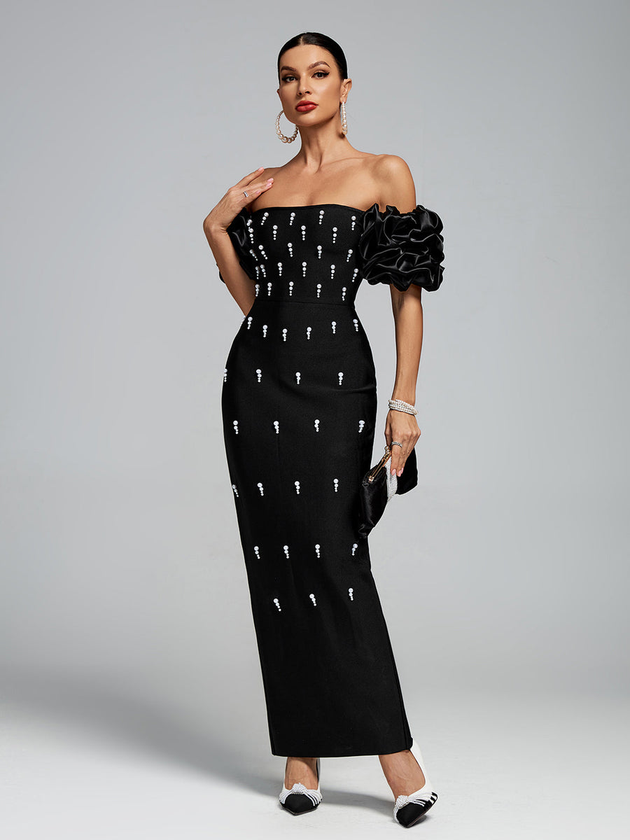Off Shoulder Pearl Embellished Bandage Maxi Dress