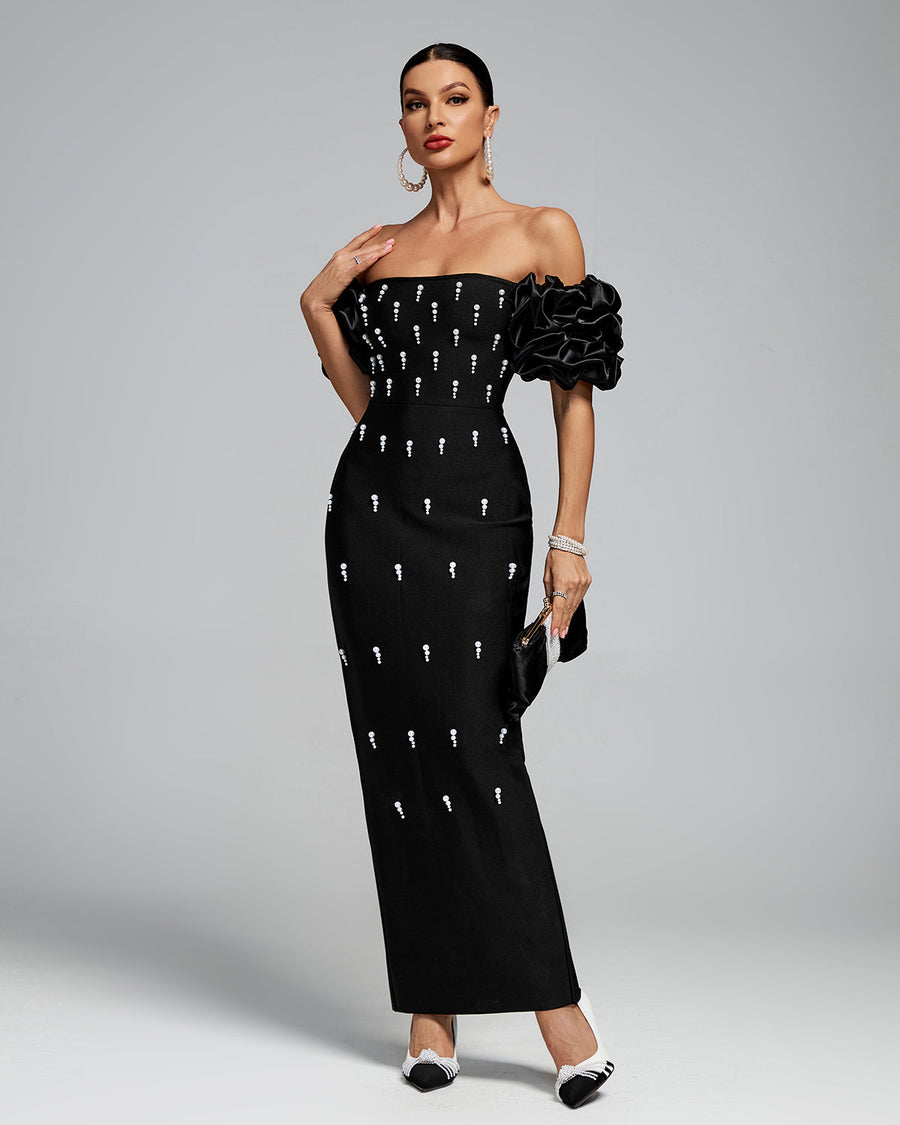 Véronique Rivière — Off Shoulder Pearl Embellished Bandage Maxi Dress
