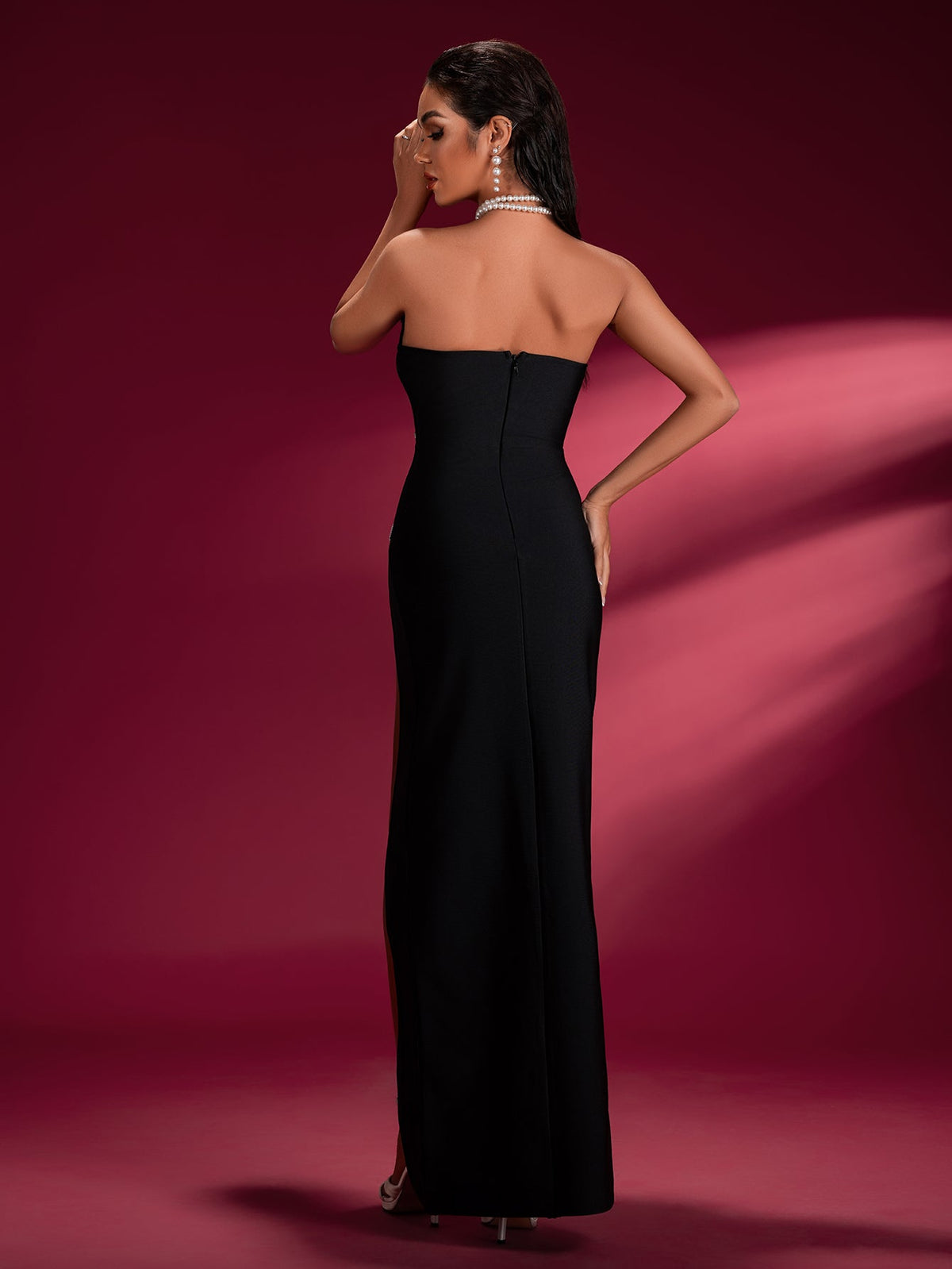 Pearl-embellished High Slit Bandage Dress