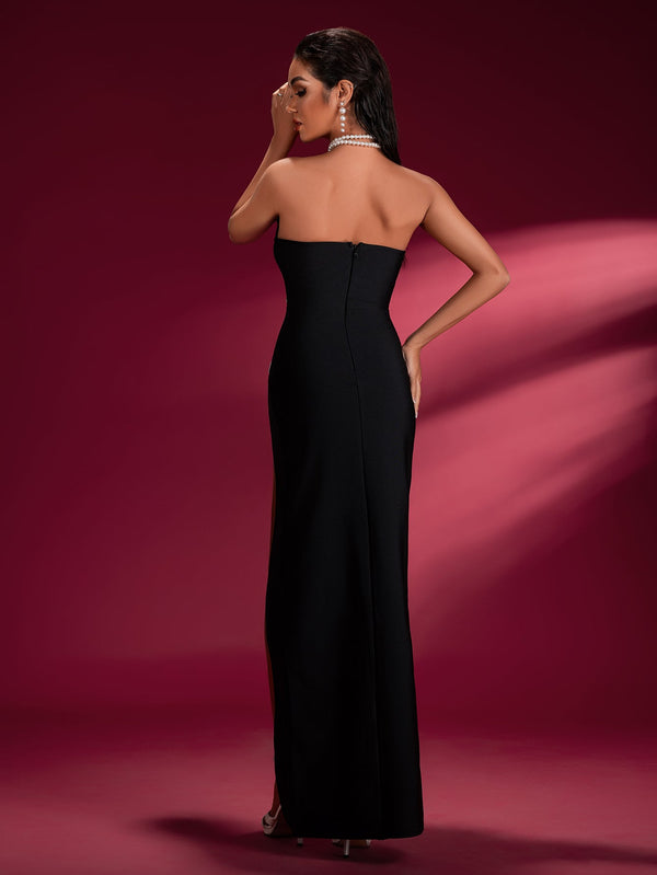 Pearl-embellished High Slit Bandage Dress