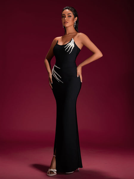 Pearl Detail High Slit Bandage Dress - Opulent Empire