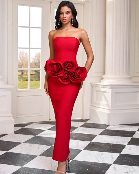 Strapless floral lace dress with rose pattern