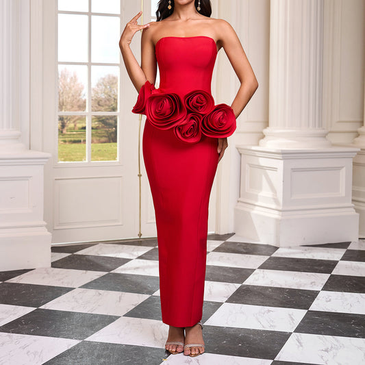 Strapless floral lace dress with rose pattern
