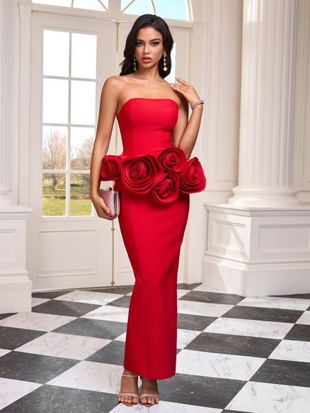 Strapless floral lace dress with rose pattern