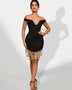 Off-the-shoulder bandage dress with pearl chain