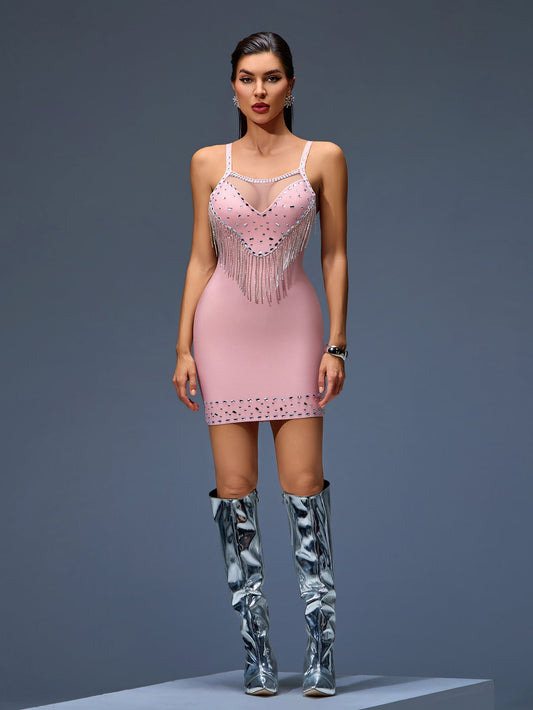 Mini Bandage Dress with Crystal Fringes for a dazzling look