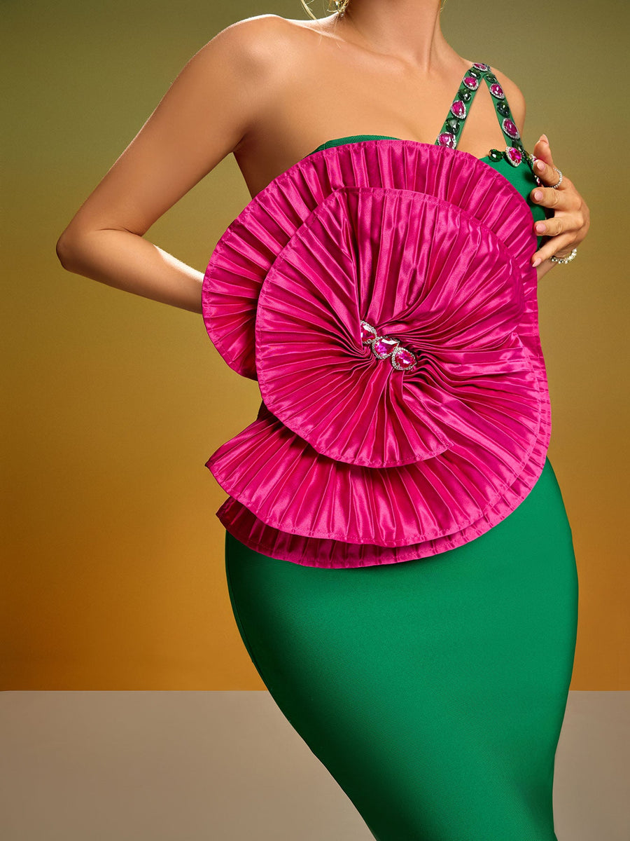Pleated Flower Crystal Bandage Midi Dress