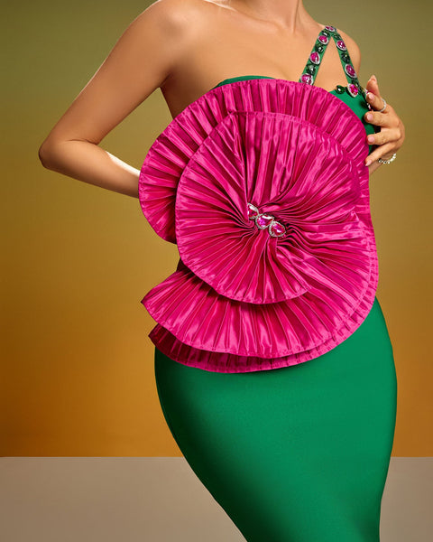 Pleated Flower Crystal Bandage Midi Dress